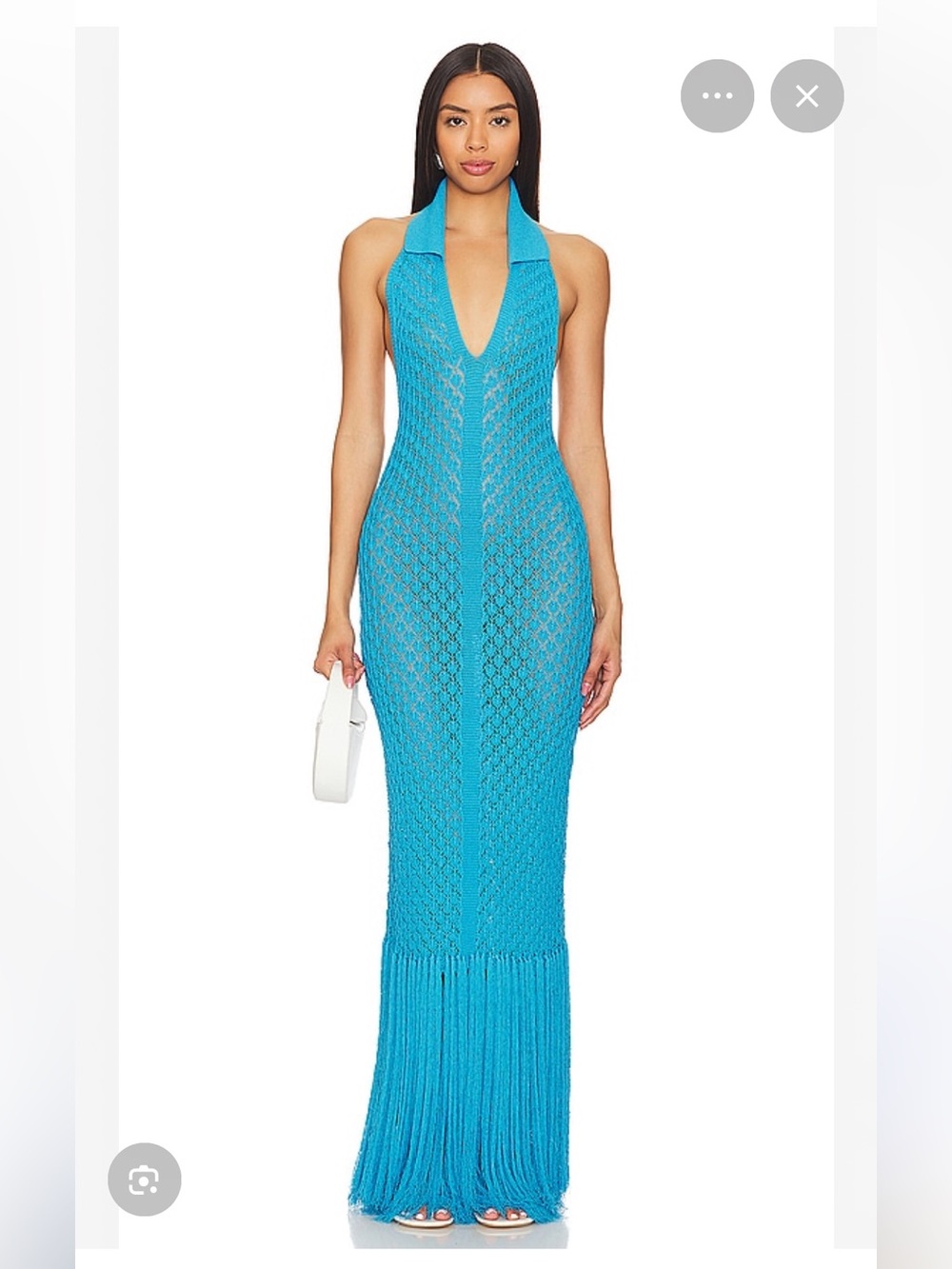 DEVON WINDSOR Nikita Dress Azul Blue Crochet Fringe Halter Maxi Dress Size XS